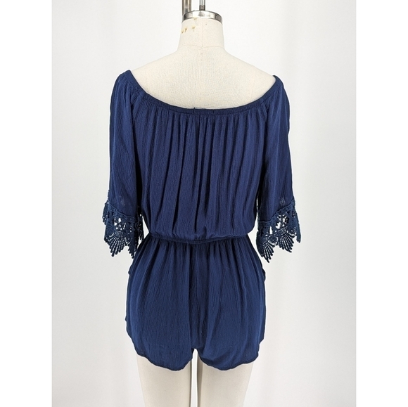 Ambiance Off Shoulder Romper Navy Blue S summer bohemian casual cottagecore - Picture 2 of 8